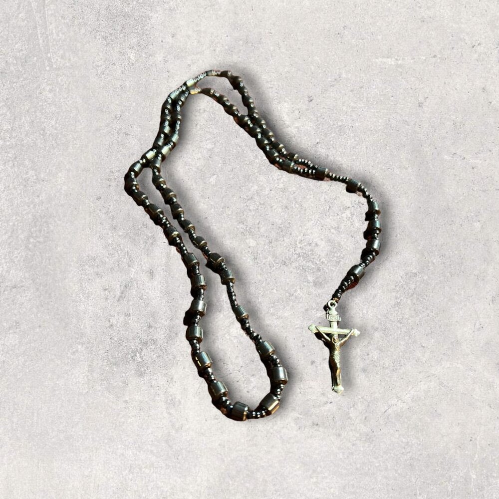 Vintage Rosary‎ Dark Heavy Shiny Black Beads Hematite Silver Crucifix